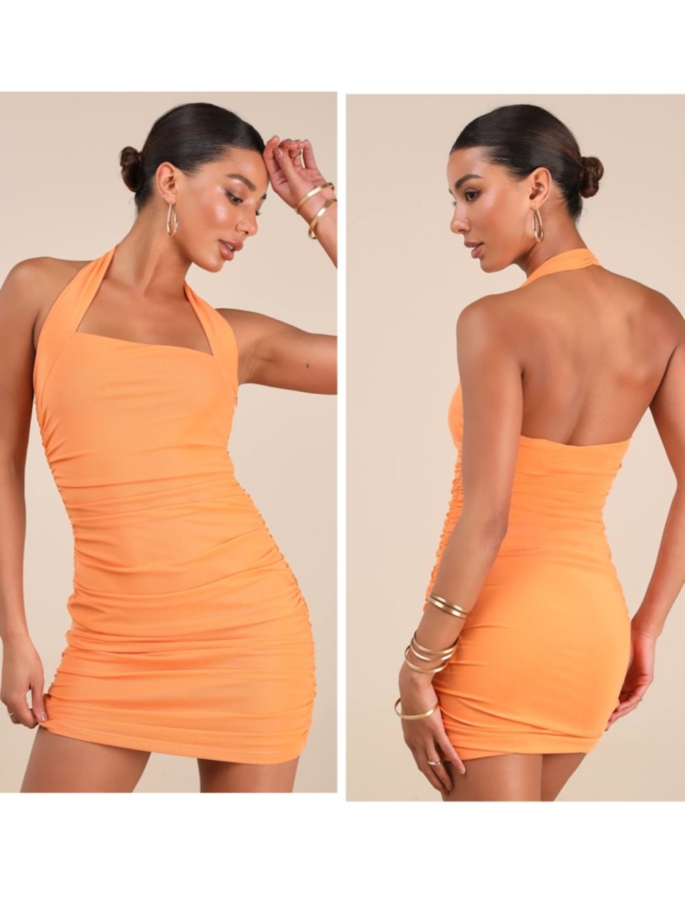Lulus Attractive Radiance Orange Mesh Ruched Halter Mini Dress Size Small Party